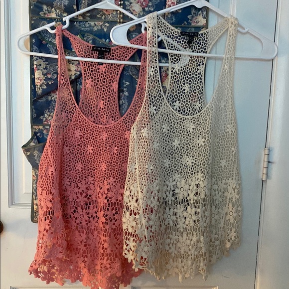 FANG Tops - FANG Crochet Tank Tops - Pink and Cream